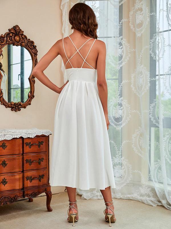 Womens Thin Straps Sweet Heart Plunge Swing Dress