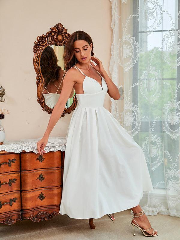 Womens Thin Straps Sweet Heart Plunge Swing Dress