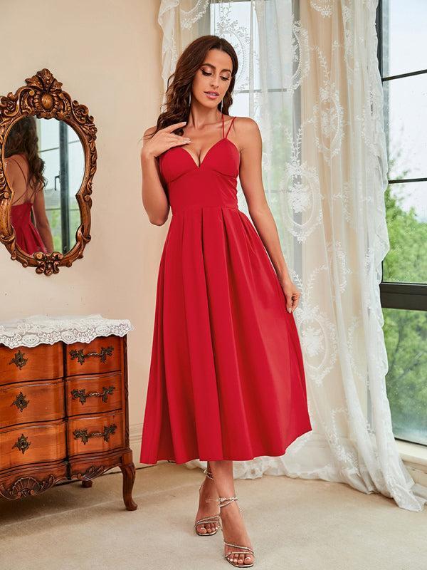 Womens Thin Straps Sweet Heart Plunge Swing Dress