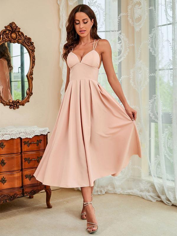 Womens Thin Straps Sweet Heart Plunge Swing Dress