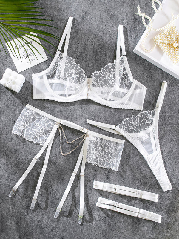 Women’s three-piece lace lingerie set with jewel detailing – elegant and glamorous