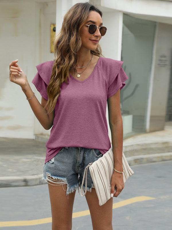 Women's V-Neck Double Layer Ruffled Sleeve Loose Top