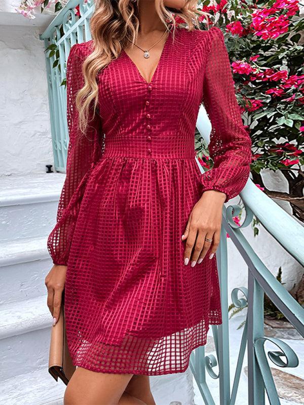 Women's V-Neck Hollow Design A-Line Dress With Long Sleeves