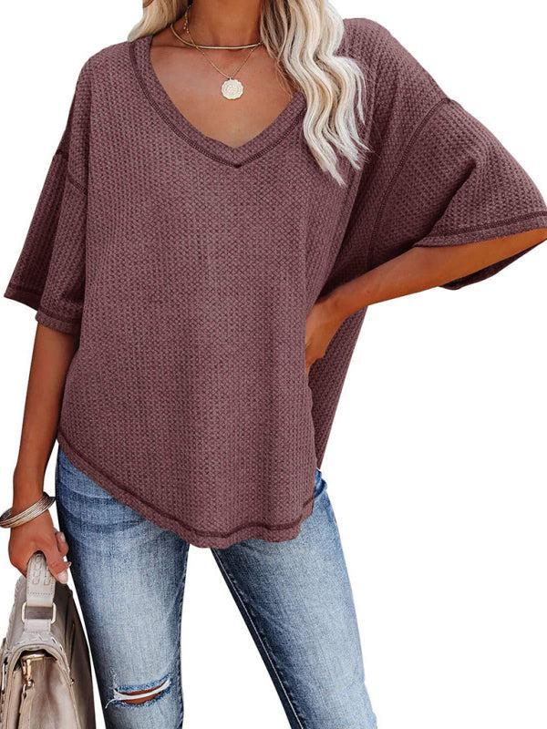 Women's V Neck Loose Sleeve Waffle Knit T-Shirt