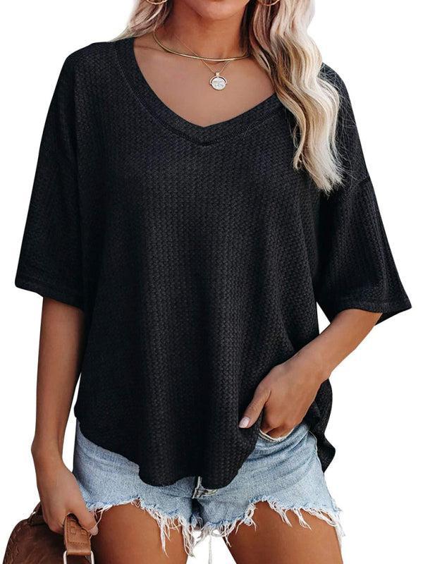 Women's V Neck Loose Sleeve Waffle Knit T-Shirt
