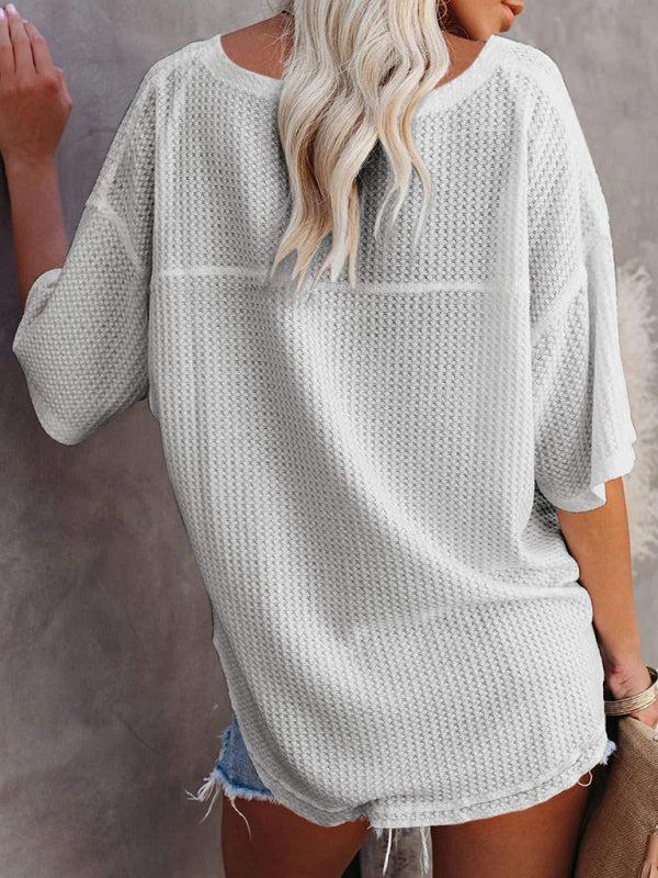 Women's V Neck Loose Sleeve Waffle Knit T-Shirt