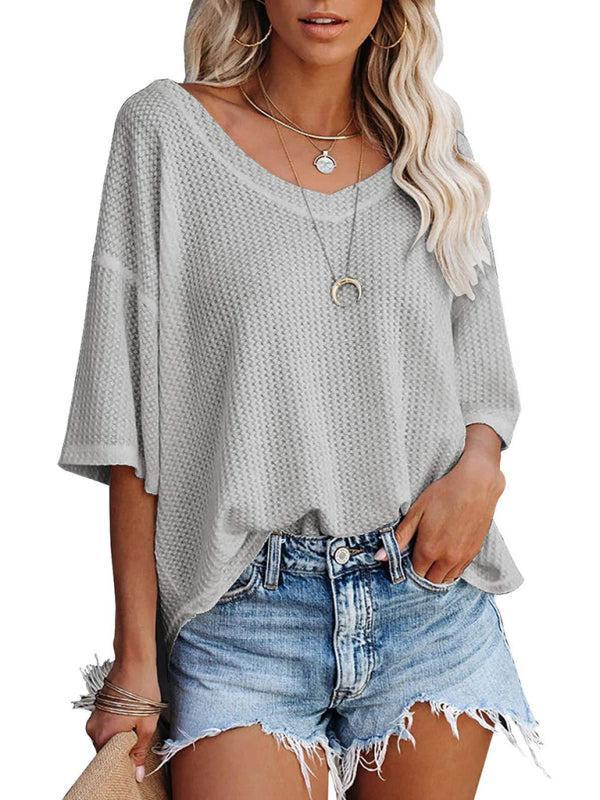 Women's V Neck Loose Sleeve Waffle Knit T-Shirt