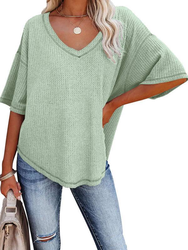 Women's V Neck Loose Sleeve Waffle Knit T-Shirt