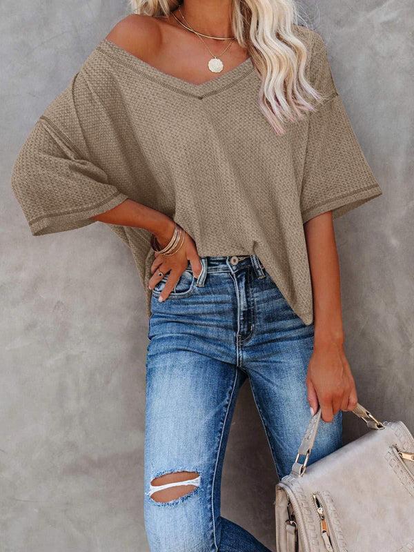 Women's V Neck Loose Sleeve Waffle Knit T-Shirt