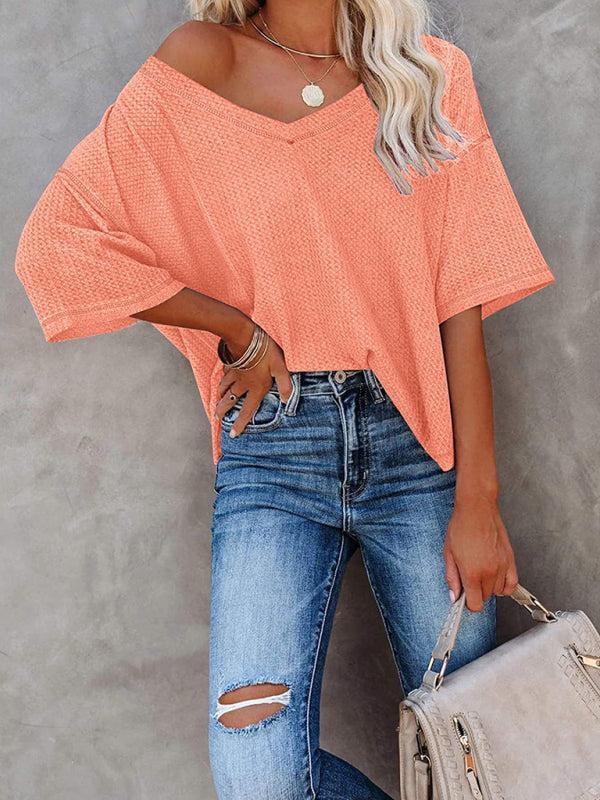 Women's V Neck Loose Sleeve Waffle Knit T-Shirt