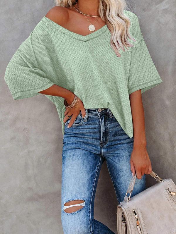 Women's V Neck Loose Sleeve Waffle Knit T-Shirt