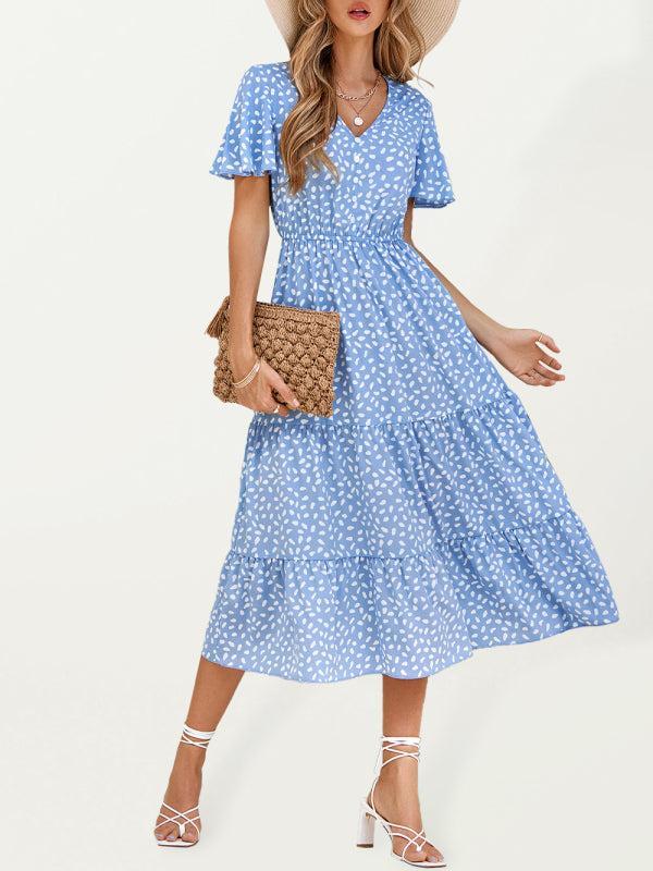 Women's V-Neck Lotus Leaf Print Layered Dress