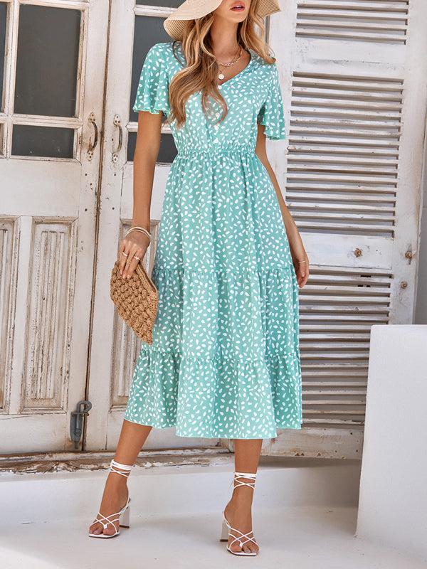 Women's V-Neck Lotus Leaf Print Layered Dress