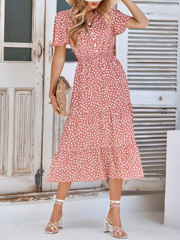 Women's V-Neck Lotus Leaf Print Layered Dress