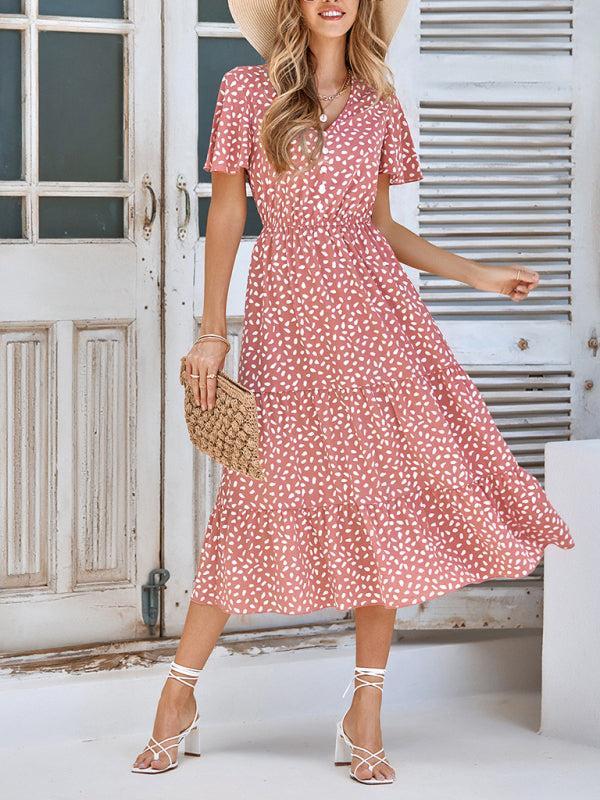 Women's V-Neck Lotus Leaf Print Layered Dress