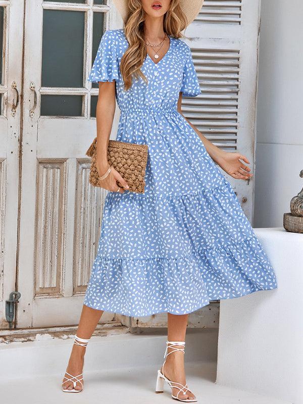 Women's V-Neck Lotus Leaf Print Layered Dress