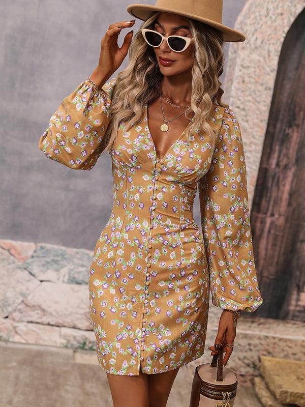Women's V-Neck Puff Sleeve Floral Print Dress