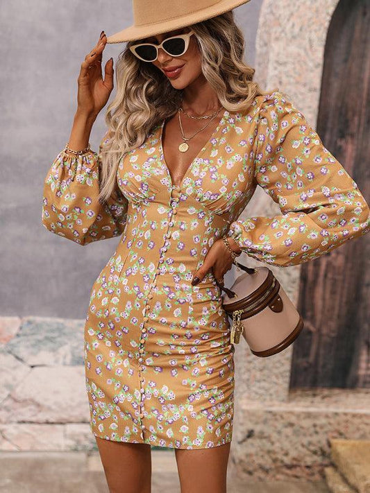 Women's V-Neck Puff Sleeve Floral Print Dress