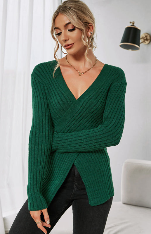 Women's V-Neck Ribbed Crossover Jumper