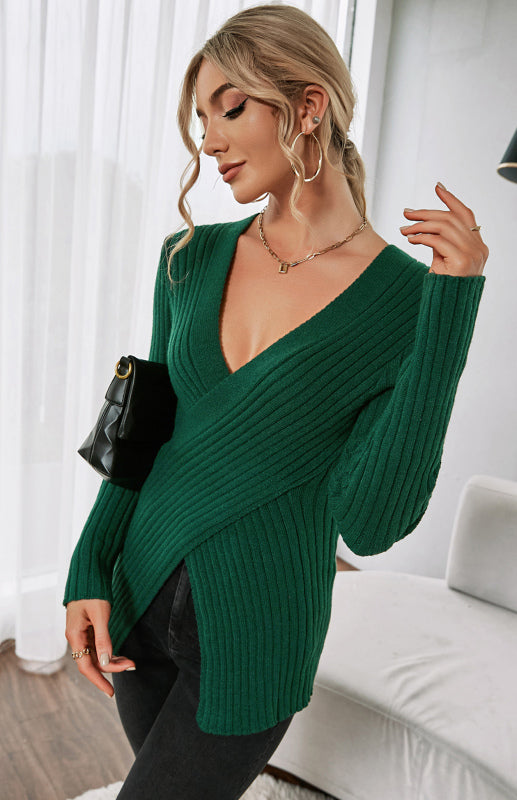 Women's V-Neck Ribbed Crossover Jumper