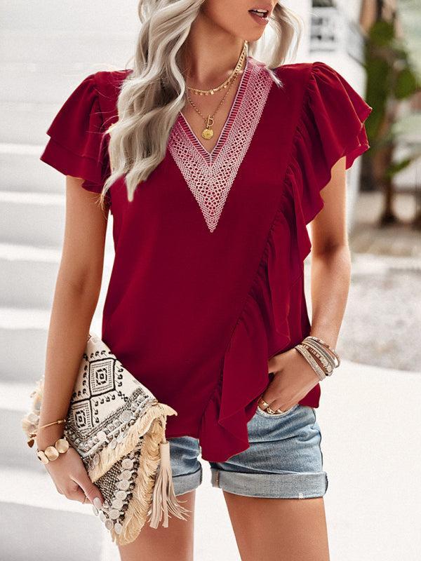 Women’s V-neck Lace Trim Flutter Sleeve Ruffle Blouse