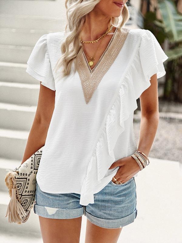 Women’s V-neck Lace Trim Flutter Sleeve Ruffle Blouse
