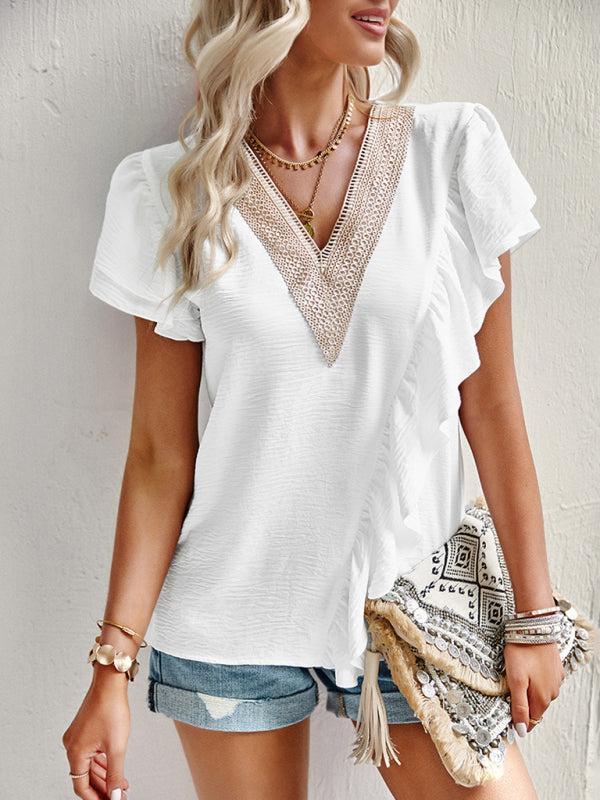 Women’s V-neck Lace Trim Flutter Sleeve Ruffle Blouse
