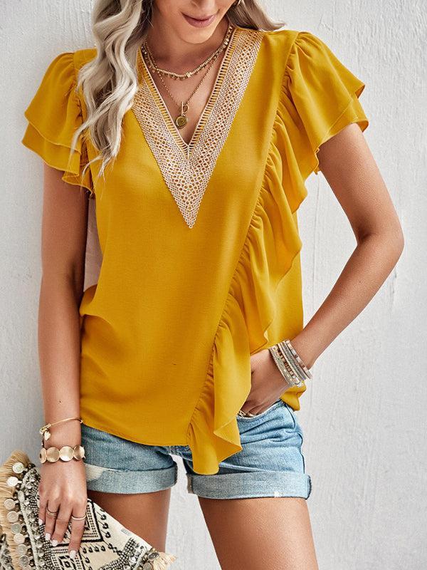 Women’s V-neck Lace Trim Flutter Sleeve Ruffle Blouse