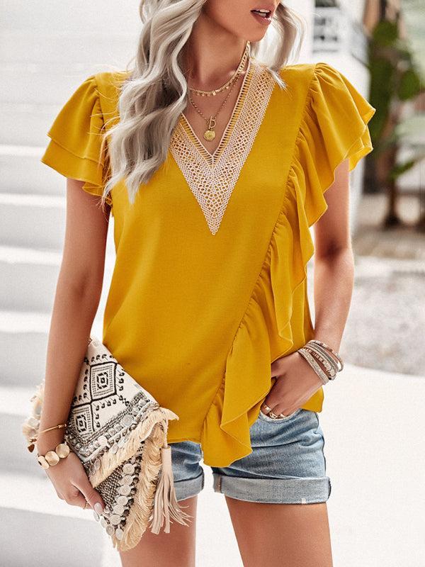 Women’s V-neck Lace Trim Flutter Sleeve Ruffle Blouse