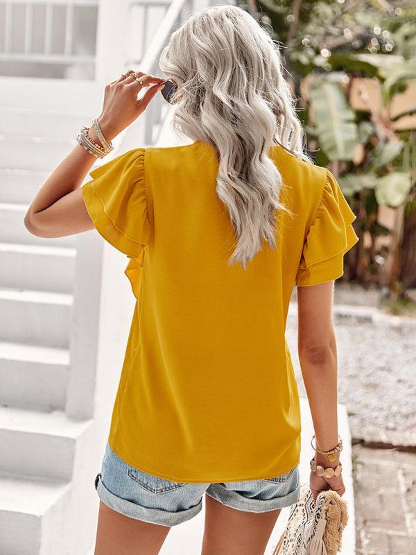 Women’s V-neck Lace Trim Flutter Sleeve Ruffle Blouse