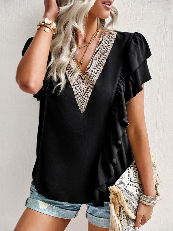 Women’s V-neck Lace Trim Flutter Sleeve Ruffle Blouse