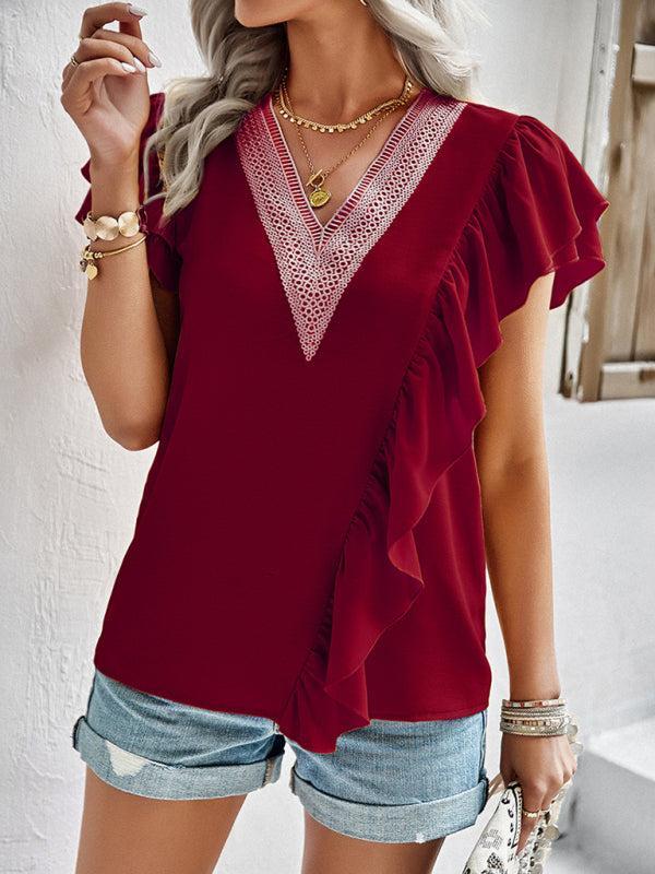 Women’s V-neck Lace Trim Flutter Sleeve Ruffle Blouse