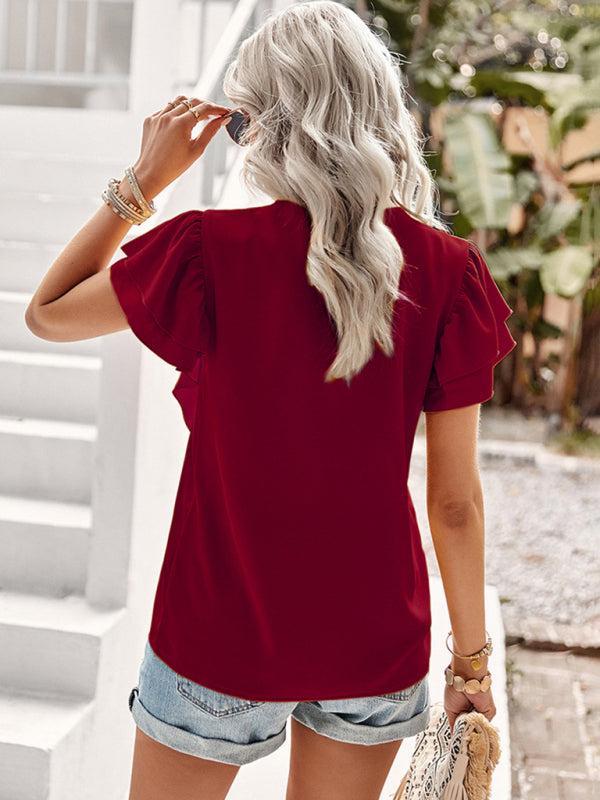 Women’s V-neck Lace Trim Flutter Sleeve Ruffle Blouse