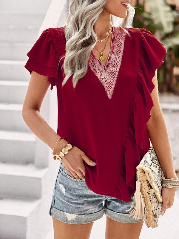 Women’s V-neck Lace Trim Flutter Sleeve Ruffle Blouse