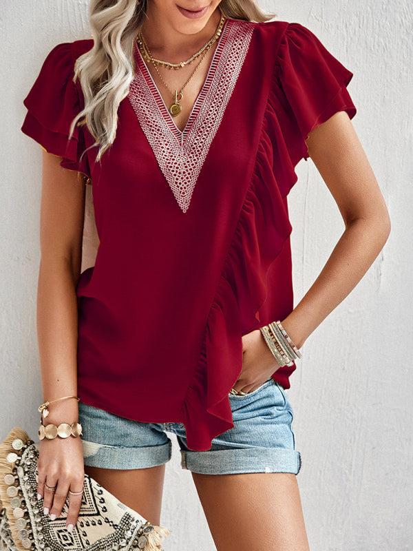 Women’s V-neck Lace Trim Flutter Sleeve Ruffle Blouse