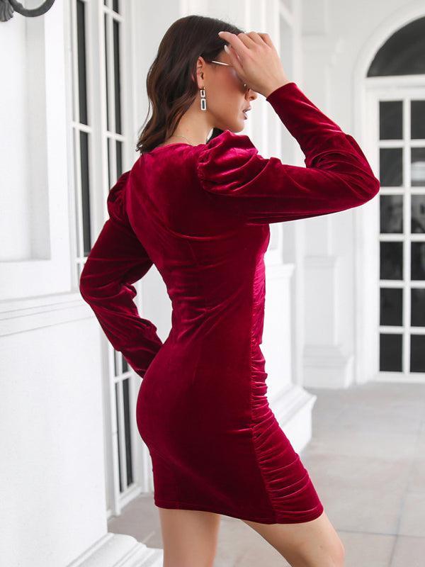 Women's Velvet Fitted Ruched Mini Dress With Front Cut Out Detail