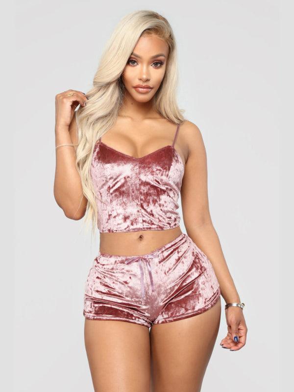Women's Velvet V-Neck Two Piece Luxurious Lingerie Loungewear Set