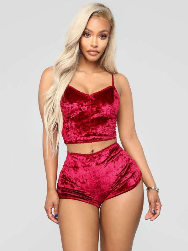 Women's Velvet V-Neck Two Piece Luxurious Lingerie Loungewear Set