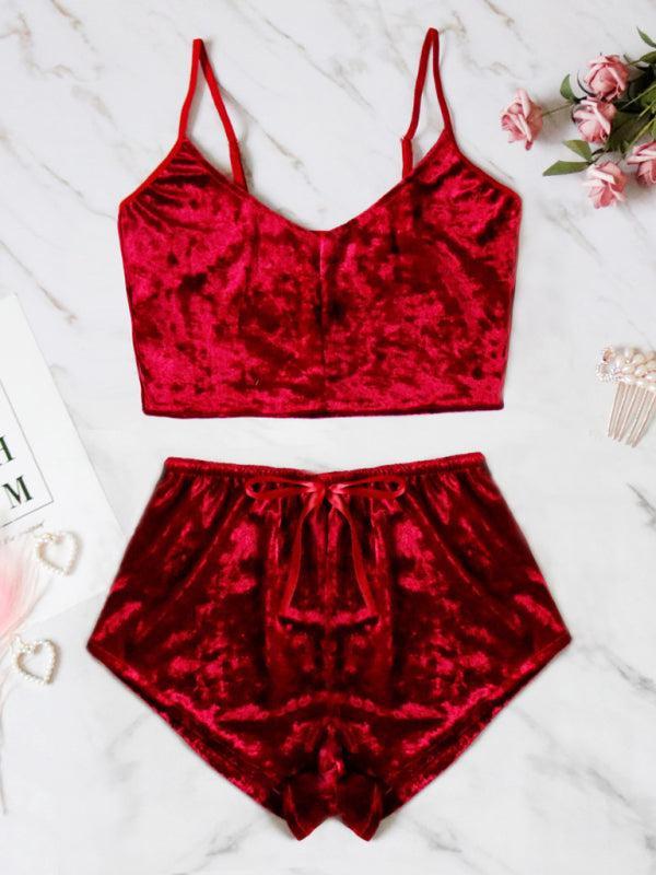 Women's Velvet V-Neck Two Piece Luxurious Lingerie Loungewear Set