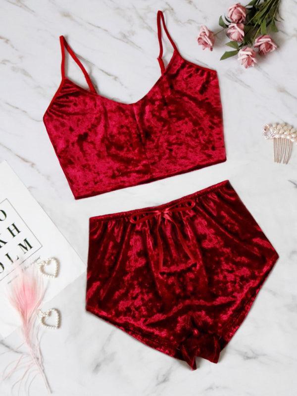 Women's Velvet V-Neck Two Piece Luxurious Lingerie Loungewear Set