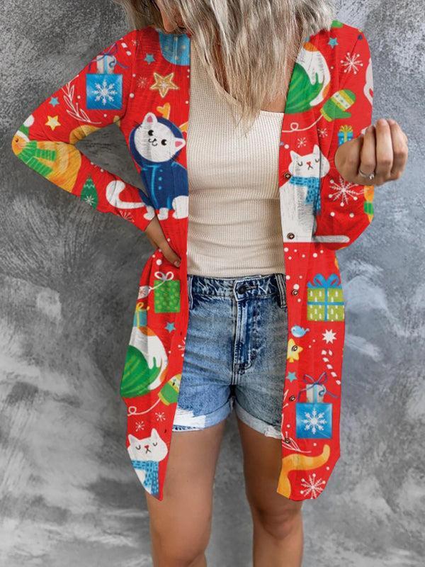 Women's Vibrant Festive Print Open Front Christmas Cardigan