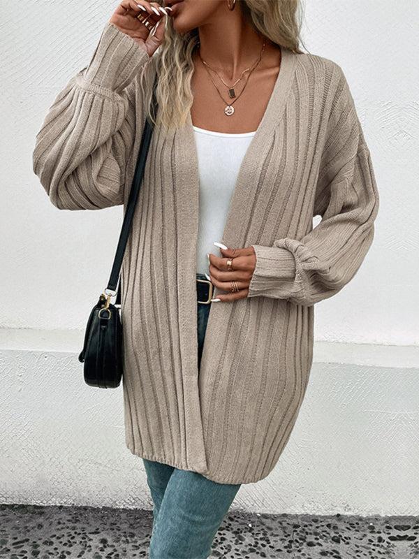 Women's Wide Ribbed Open Front Mid Length Cardigan With Cuffed Sleeves