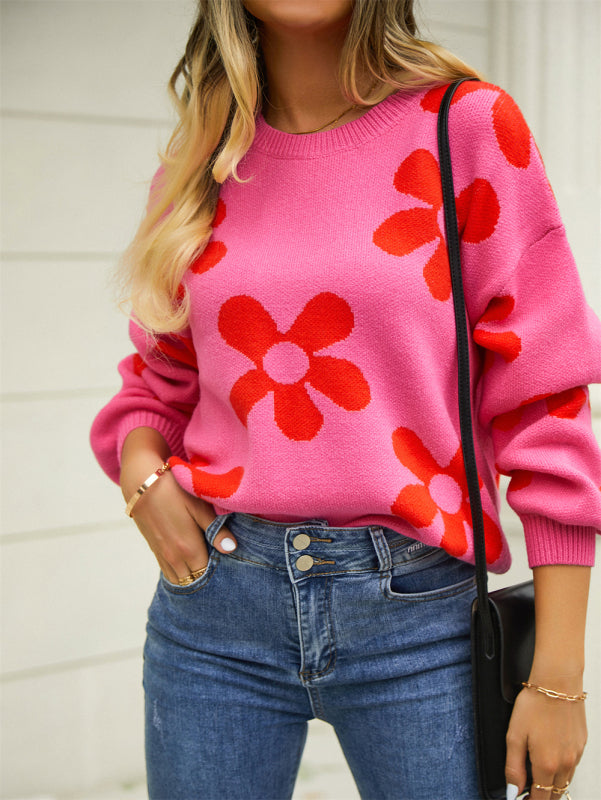 Women's Floral Print Loose Fit Round Neck Jumper