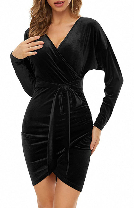 Women's Velvet V-Neck Long Sleeve Front Wrap Dress