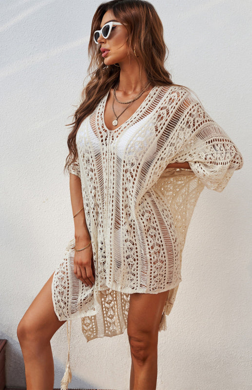 Women's Crochet Knitted Tassel Tie Beachwear Kimono