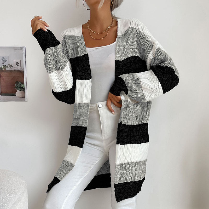 Women's Open Front Thick Stripe Longline Cardigan