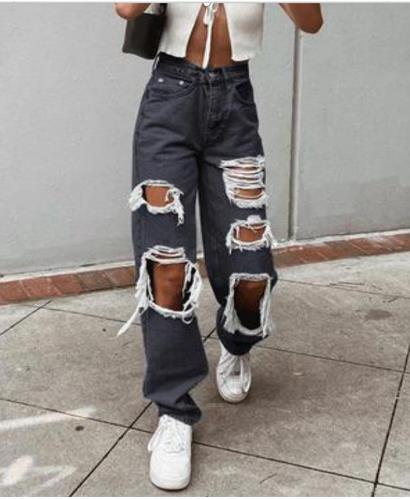 Women's Washed Denim Ripped Loose Fit Jeans