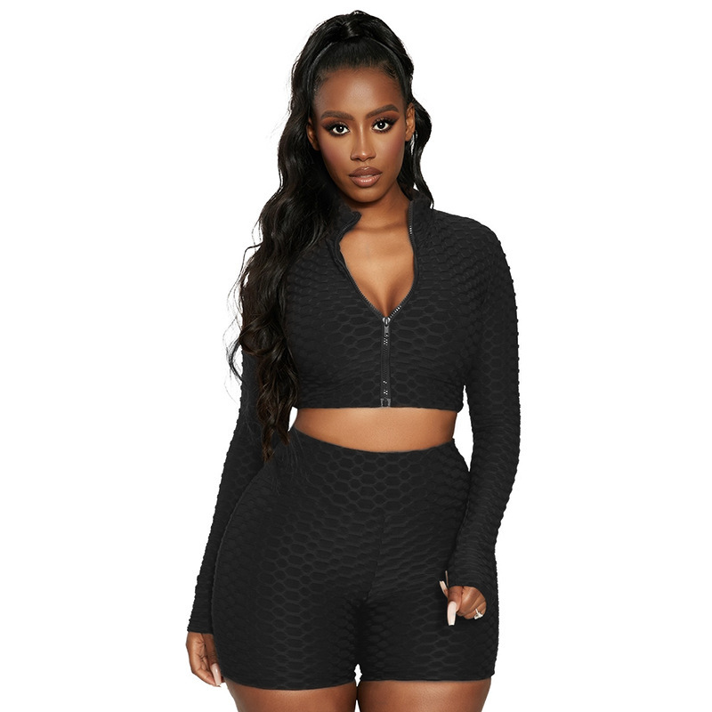 Women's Honeycomb Textured Gym Set Including Cropped Zip Up Long Sleeve Top And Shorts