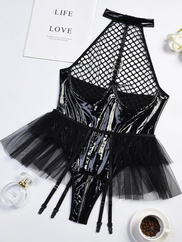 Women's Sexy PU Leather And Fishnet High Neck Lingerie Bodysuit