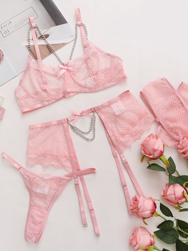 Women's Sexy Mesh Lace Three Piece Valentines Lingerie Set With Chain Detailing